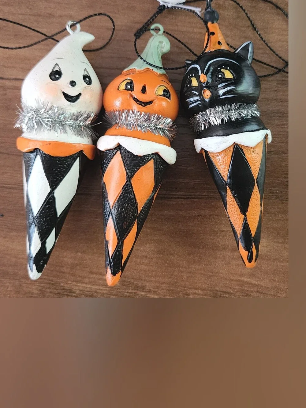 Johanna Parker set of 3 Checkered Cone Ornaments  Pumpkin, Ghost and Cat NWT